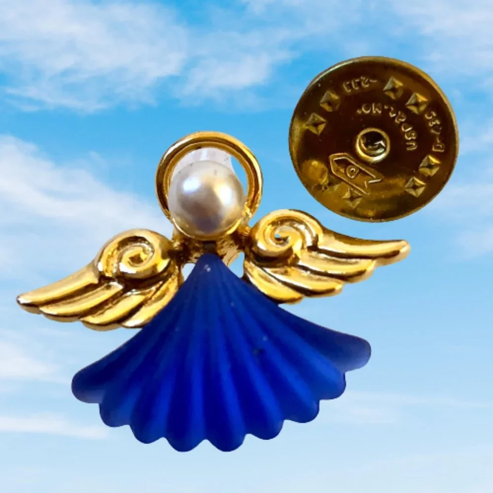 Angel Goldtone Lapel Tie Tack Pin Brooch Blue Glass Faux Pearl